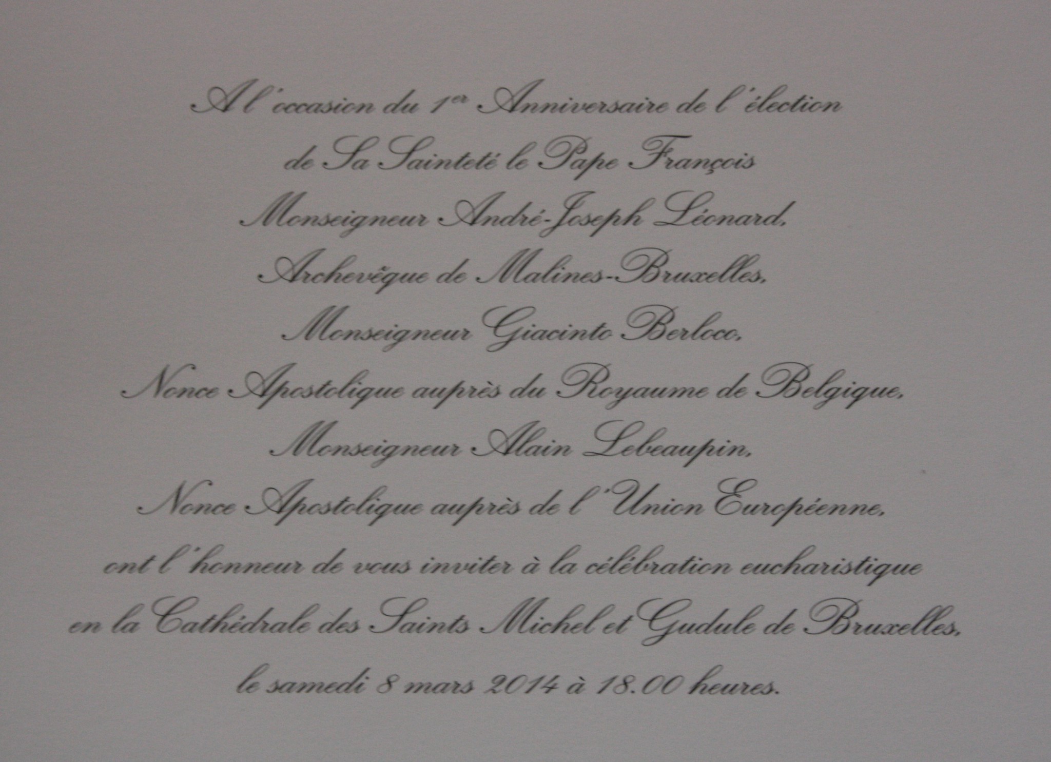 Messe, anniversaire, élection, Pape François, Mgr Léonard, Mgr Berloco, Mgr Lebeaupin, cathédrale, Bruxelles, 8 mars 2014, samedi 8 mars