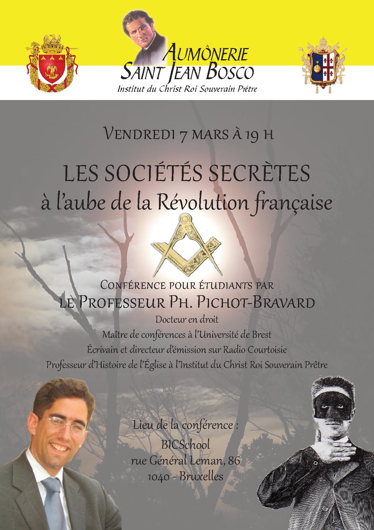 conférence, sociétés secrètes, Révolution française, 7 mars 2014, Bruxelles, vendredi 7 mars, Aumônerie Saint-Jean-Bosco, BICSchool, BICS